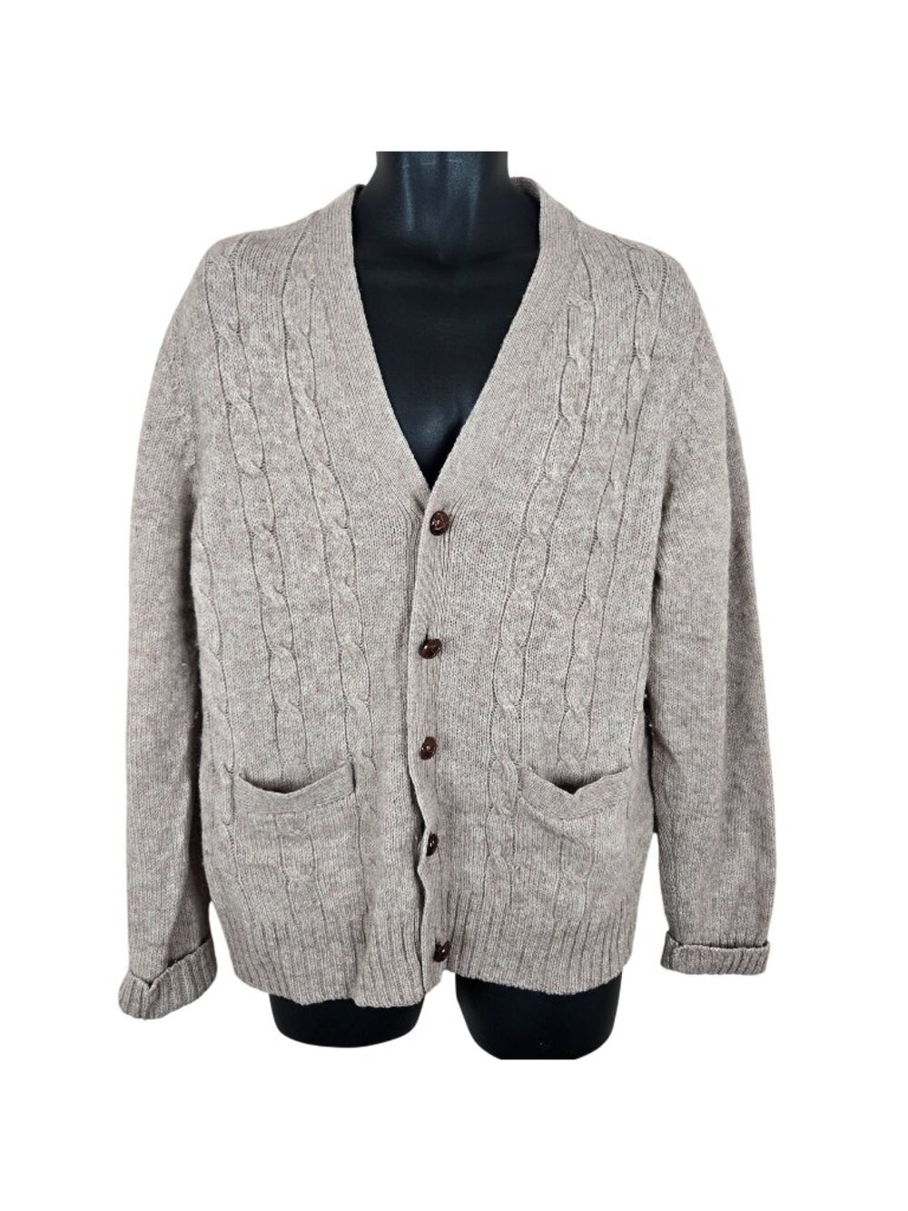 Vintage 70s Beige Cable Knit Cardigan Sweater Mens L Pockets Grandpa Norm Core